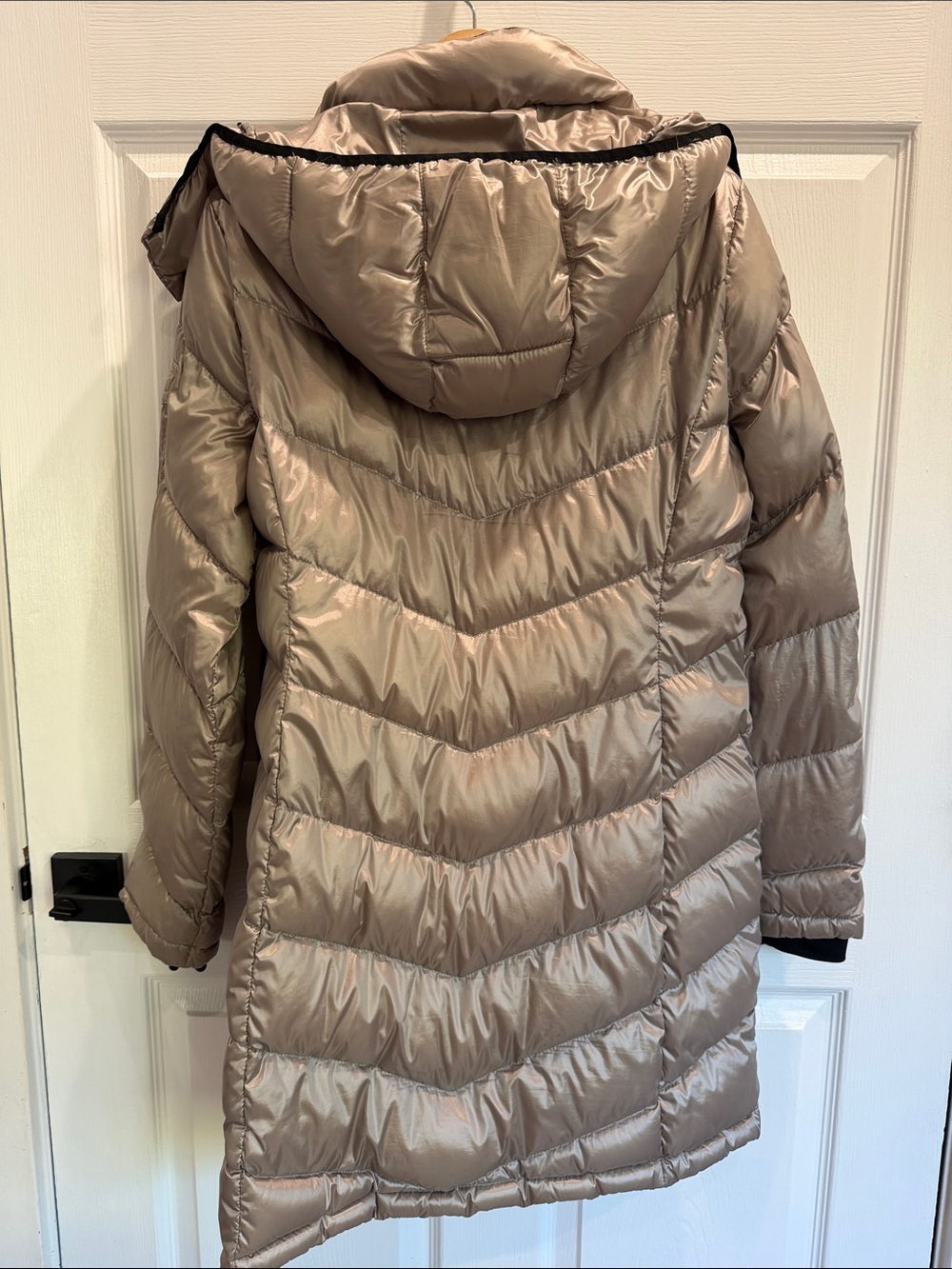 Andrew Marc Shimmery Taupe Chevron Quilted Long Puffer Coat - Picture 3 of 3